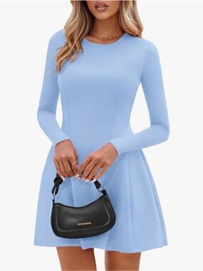 Long-Sleeve Fit-and-Flare Dress in Light Blue